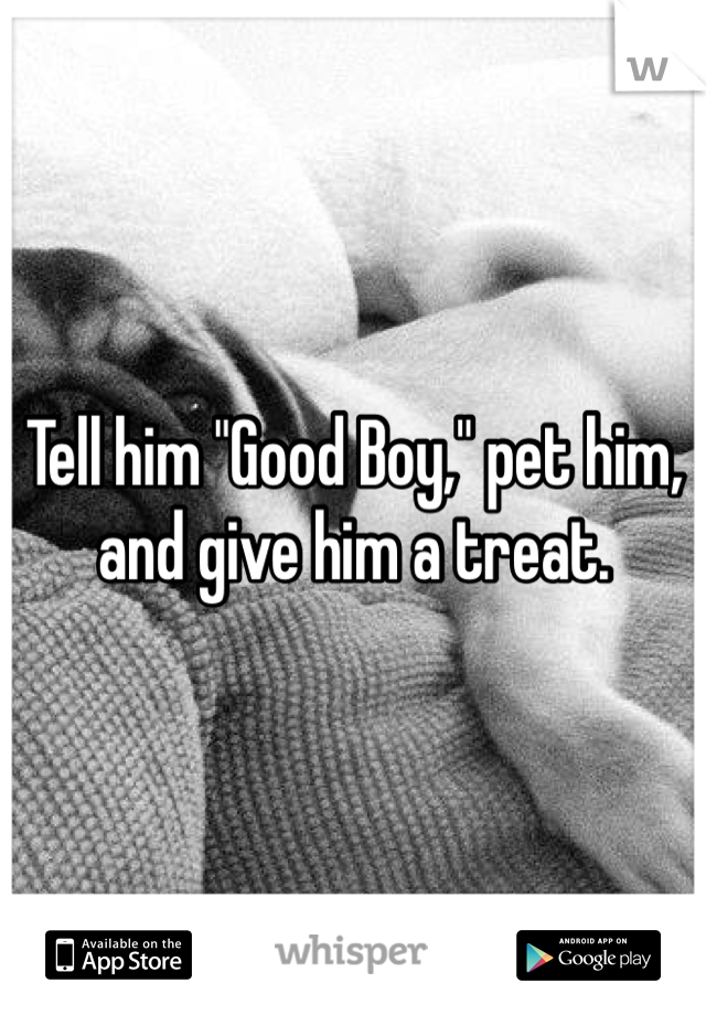 Tell him "Good Boy," pet him, and give him a treat.