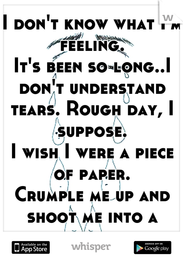 I don't know what I'm feeling. 
It's been so long..I don't understand tears. Rough day, I suppose.
I wish I were a piece of paper. 
Crumple me up and shoot me into a furnace, please.