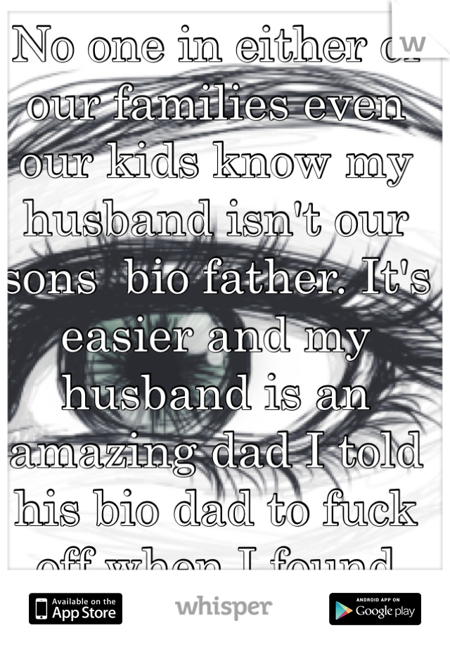 No one in either of our families even our kids know my husband isn't our sons  bio father. It's easier and my husband is an amazing dad I told his bio dad to fuck off when I found out, I'm not sorry