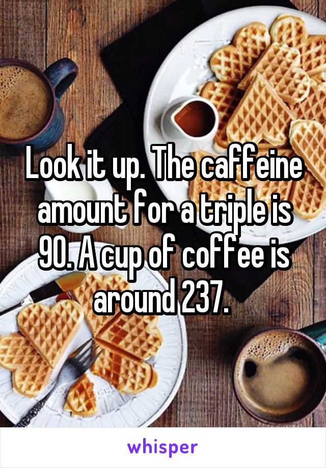Look it up. The caffeine amount for a triple is 90. A cup of coffee is around 237. 