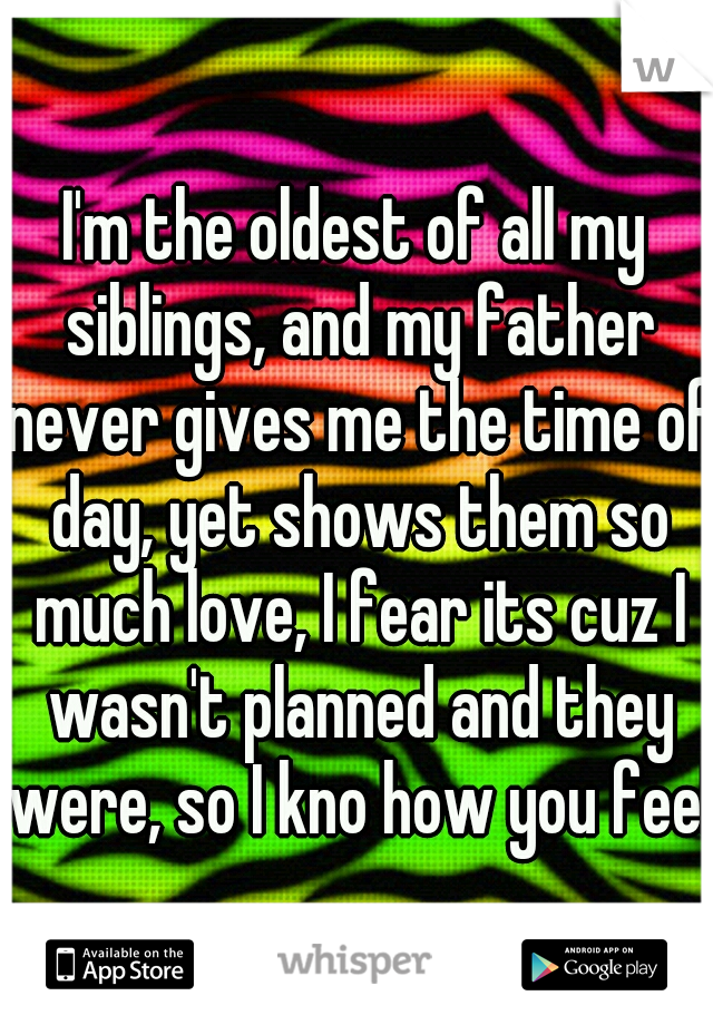 I'm the oldest of all my siblings, and my father never gives me the time of day, yet shows them so much love, I fear its cuz I wasn't planned and they were, so I kno how you feel