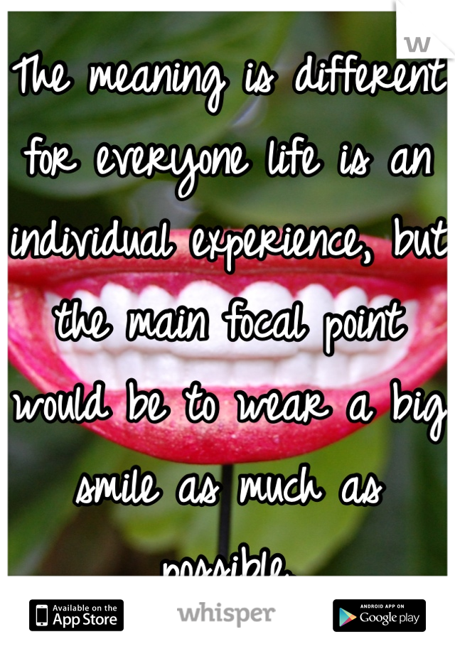 The meaning is different for everyone life is an individual experience, but the main focal point would be to wear a big smile as much as possible. 