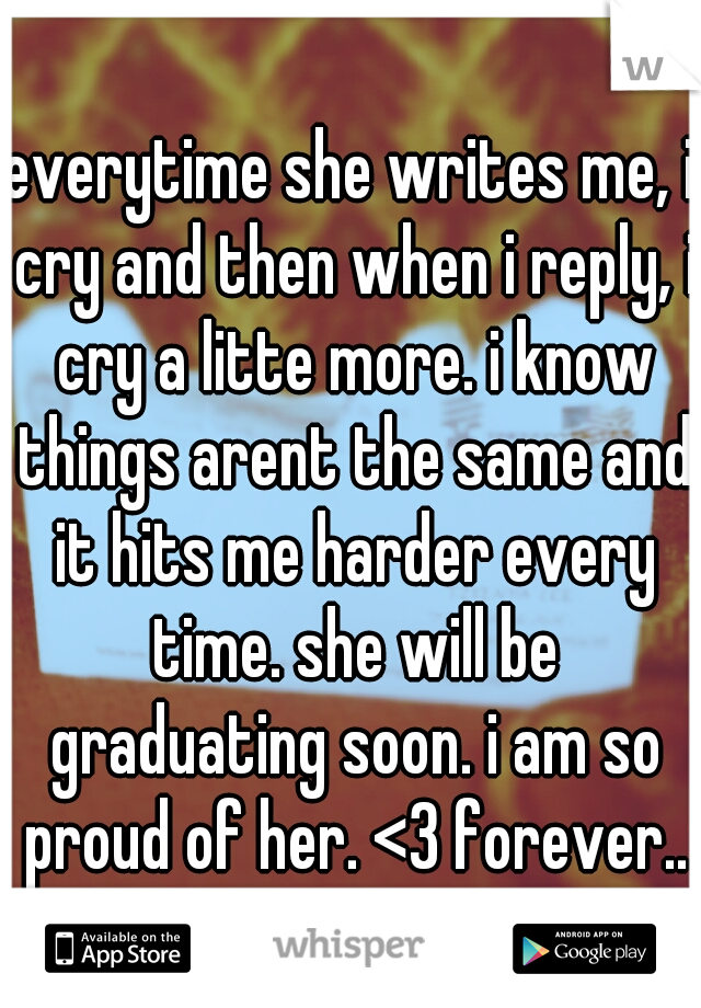 everytime she writes me, i cry and then when i reply, i cry a litte more. i know things arent the same and it hits me harder every time. she will be graduating soon. i am so proud of her. <3 forever..