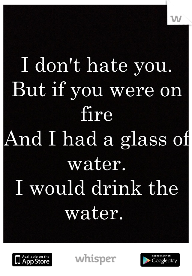 I don't hate you. 
But if you were on fire 
And I had a glass of water. 
I would drink the water. 