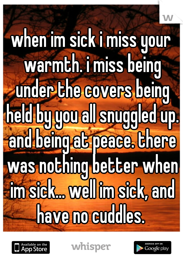 when im sick i miss your warmth. i miss being under the covers being held by you all snuggled up. and being at peace. there was nothing better when im sick... well im sick, and have no cuddles. 