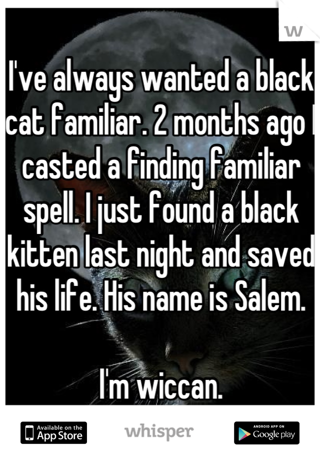 I've always wanted a black cat familiar. 2 months ago I casted a finding familiar spell. I just found a black kitten last night and saved his life. His name is Salem.

I'm wiccan.