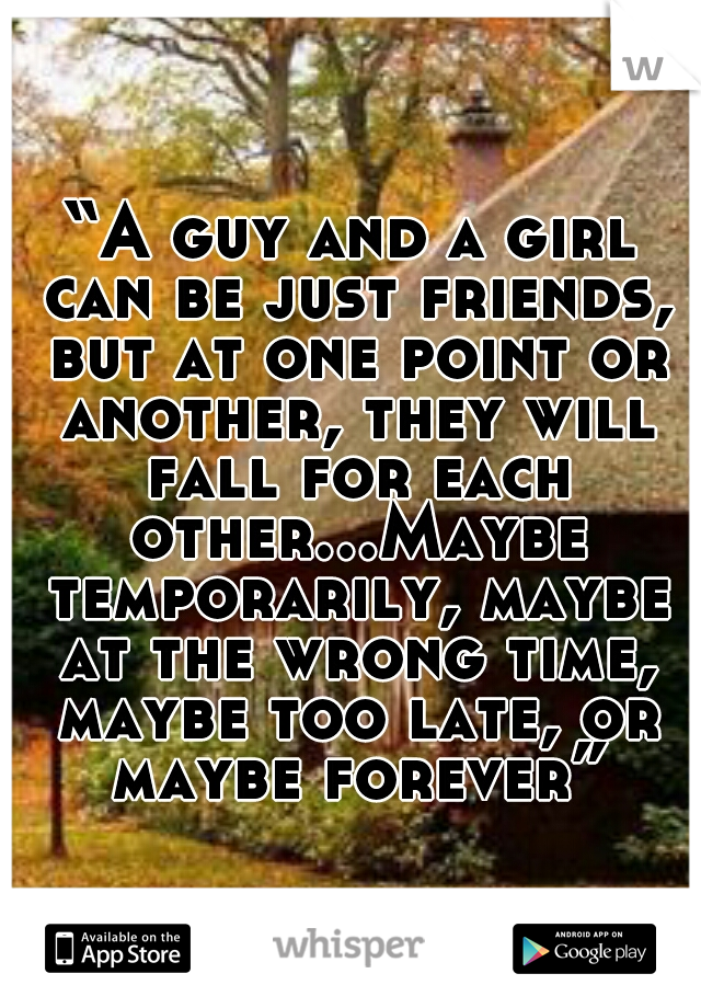 “A guy and a girl can be just friends, but at one point or another, they will fall for each other...Maybe temporarily, maybe at the wrong time, maybe too late, or maybe forever”