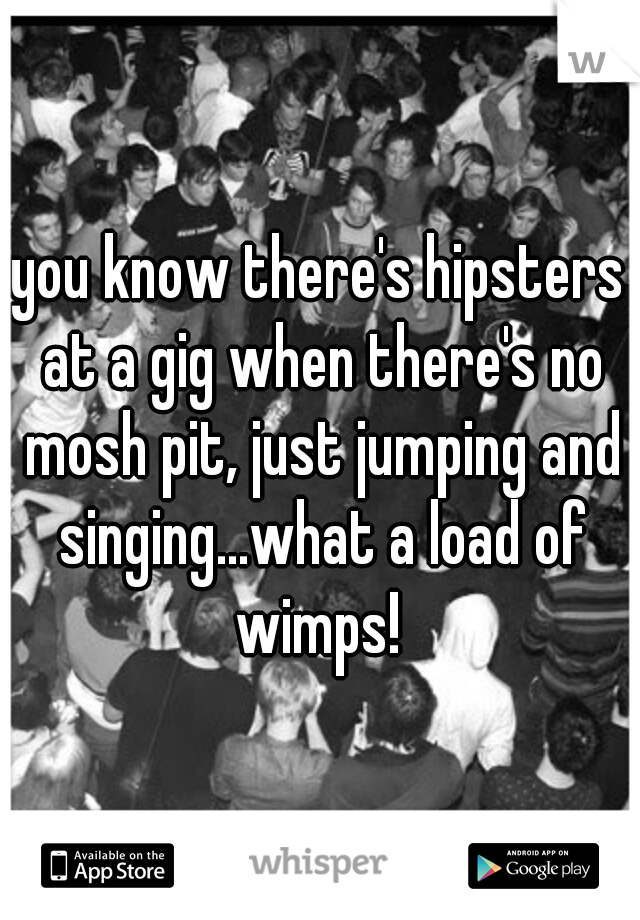 you know there's hipsters at a gig when there's no mosh pit, just jumping and singing...what a load of wimps! 