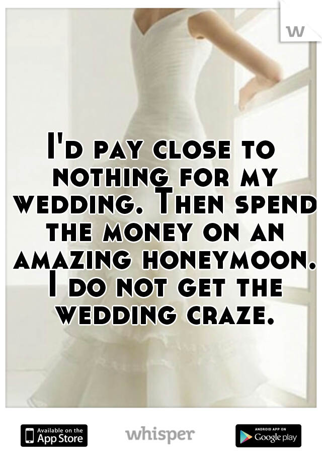 I'd pay close to nothing for my wedding. Then spend the money on an amazing honeymoon. I do not get the wedding craze.