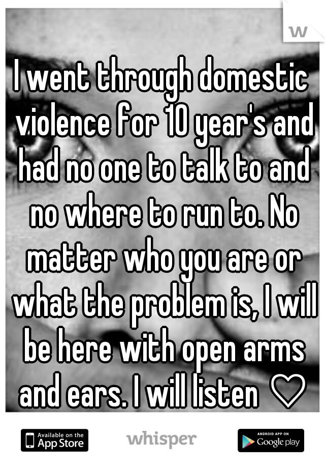 I went through domestic violence for 10 year's and had no one to talk to and no where to run to. No matter who you are or what the problem is, I will be here with open arms and ears. I will listen ♡♥
