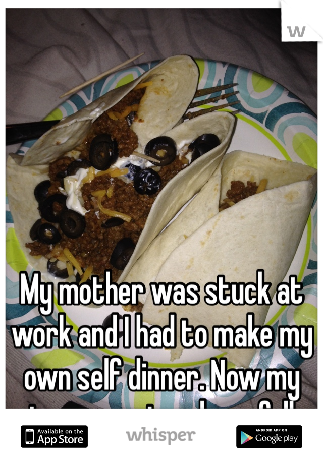 My mother was stuck at work and I had to make my own self dinner. Now my tacos are too damn full
