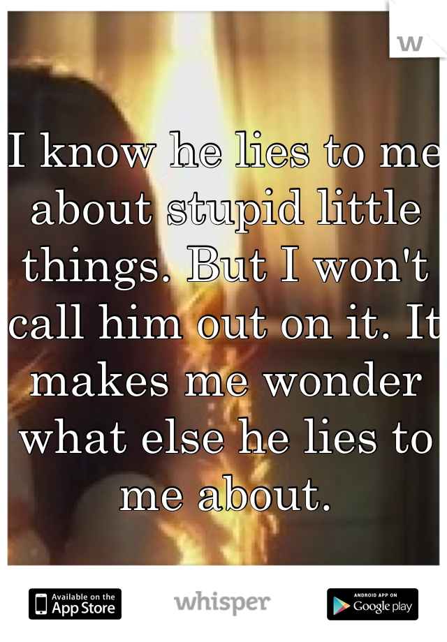 I know he lies to me about stupid little things. But I won't call him out on it. It makes me wonder what else he lies to me about.