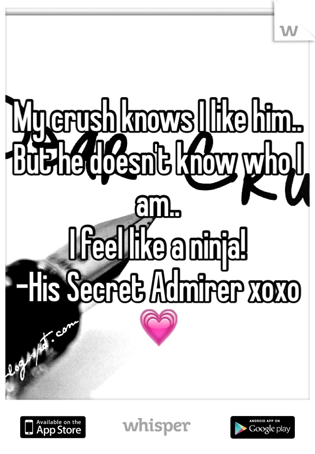 My crush knows I like him..
But he doesn't know who I am..
I feel like a ninja! 
-His Secret Admirer xoxo 💗