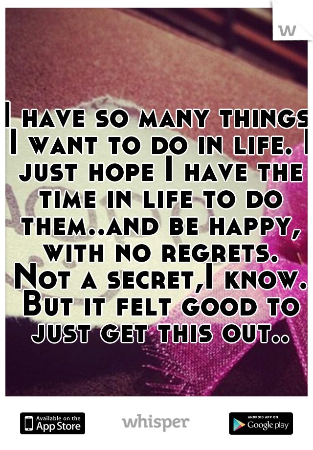 I have so many things I want to do in life. I just hope I have the time in life to do them..and be happy, with no regrets. Not a secret,I know. But it felt good to just get this out..