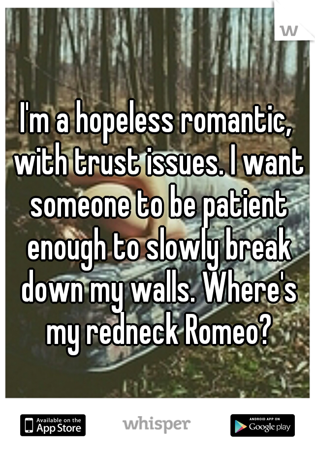 I'm a hopeless romantic, with trust issues. I want someone to be patient enough to slowly break down my walls. Where's my redneck Romeo?