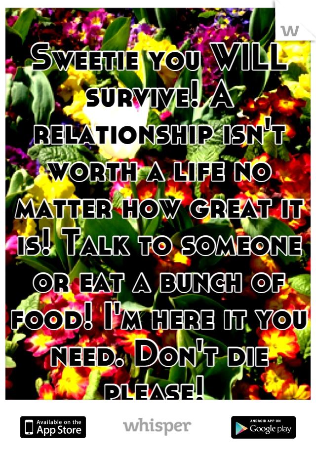 Sweetie you WILL survive! A relationship isn't worth a life no matter how great it is! Talk to someone or eat a bunch of food! I'm here it you need. Don't die please! 