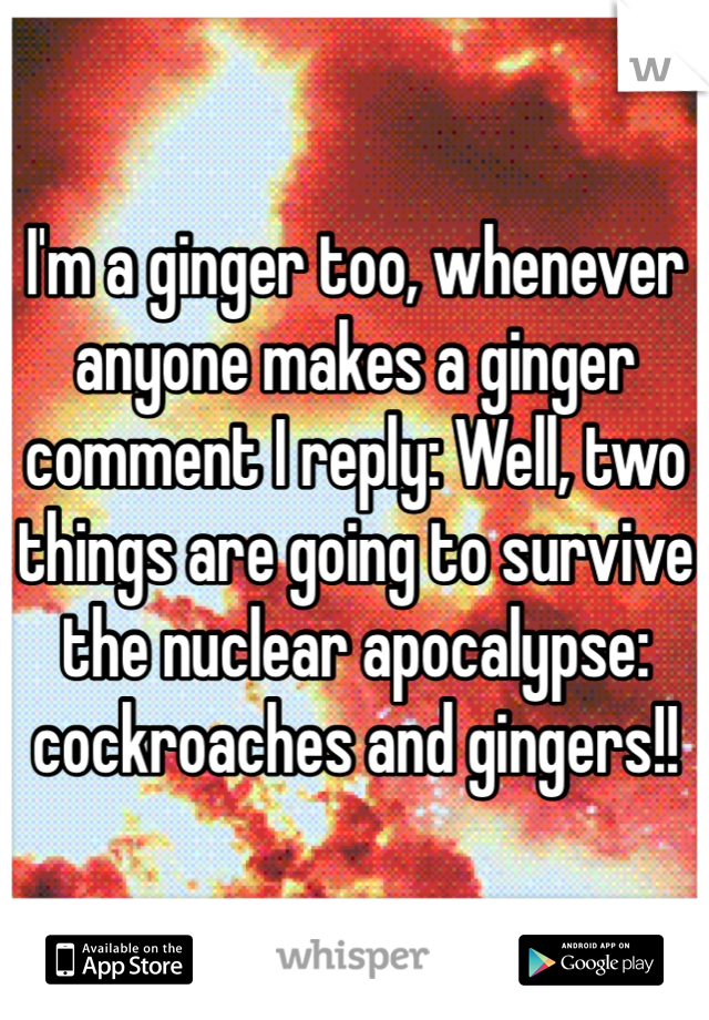 I'm a ginger too, whenever anyone makes a ginger comment I reply: Well, two things are going to survive the nuclear apocalypse: cockroaches and gingers!!
