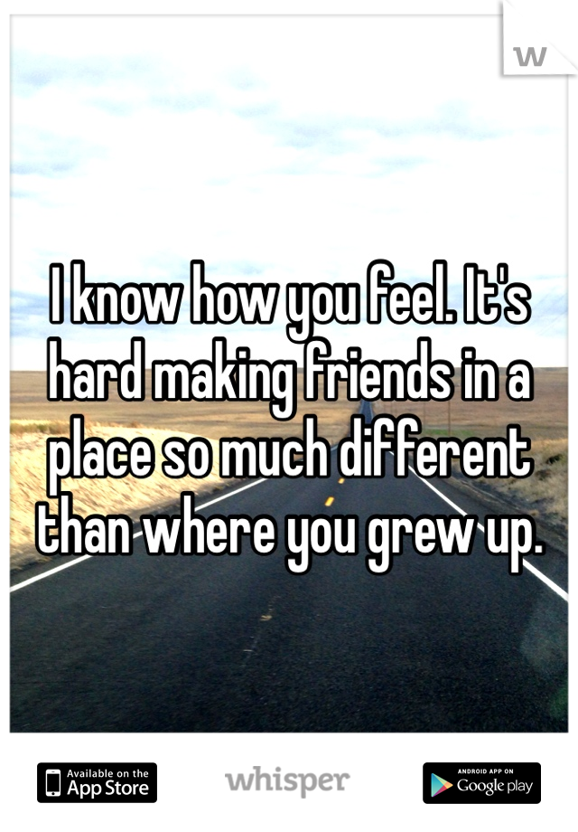 I know how you feel. It's hard making friends in a place so much different than where you grew up.