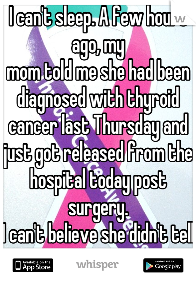 I can't sleep. A few hours ago, my
mom told me she had been diagnosed with thyroid cancer last Thursday and just got released from the hospital today post surgery.
I can't believe she didn't tell me.