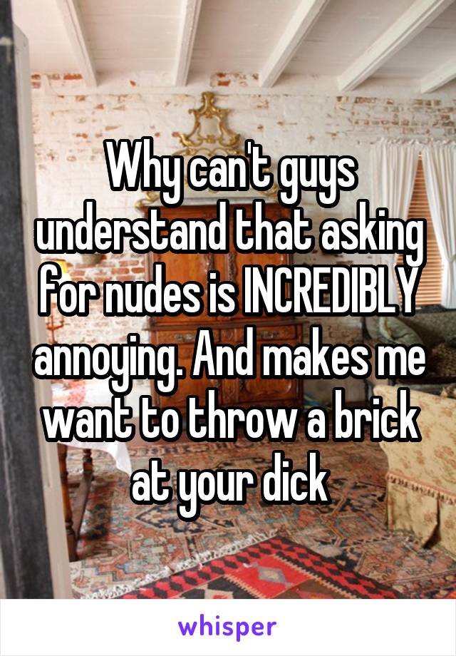Why can't guys understand that asking for nudes is INCREDIBLY annoying. And makes me want to throw a brick at your dick
