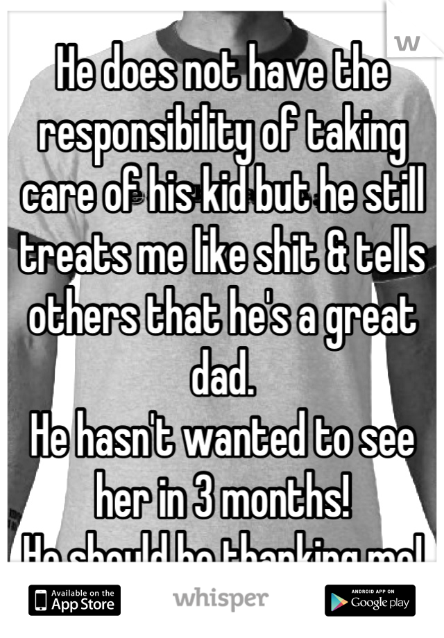 He does not have the responsibility of taking care of his kid but he still treats me like shit & tells others that he's a great dad.
He hasn't wanted to see her in 3 months!
He should be thanking me!