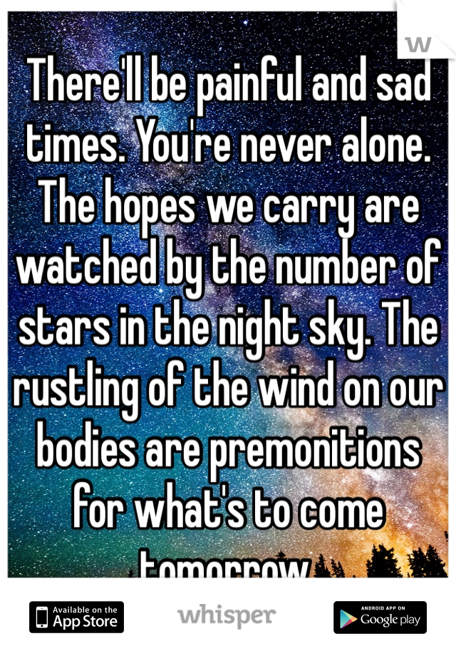 There'll be painful and sad times. You're never alone. The hopes we carry are watched by the number of stars in the night sky. The rustling of the wind on our bodies are premonitions for what's to come tomorrow.