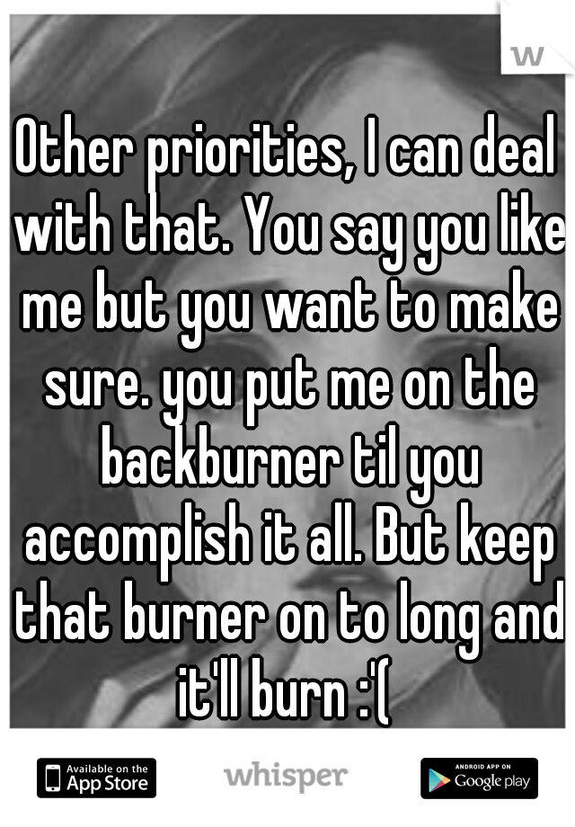 Other priorities, I can deal with that. You say you like me but you want to make sure. you put me on the backburner til you accomplish it all. But keep that burner on to long and it'll burn :'( 