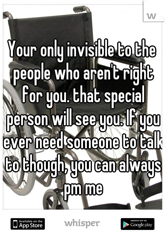 Your only invisible to the people who aren't right for you. that special person will see you. If you ever need someone to talk to though, you can always pm me