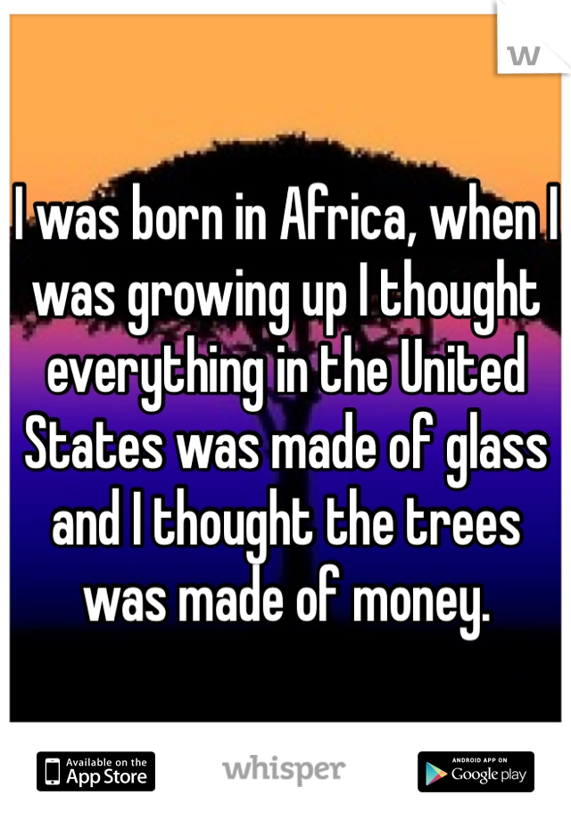 I was born in Africa, when I was growing up I thought everything in the United States was made of glass and I thought the trees was made of money. 