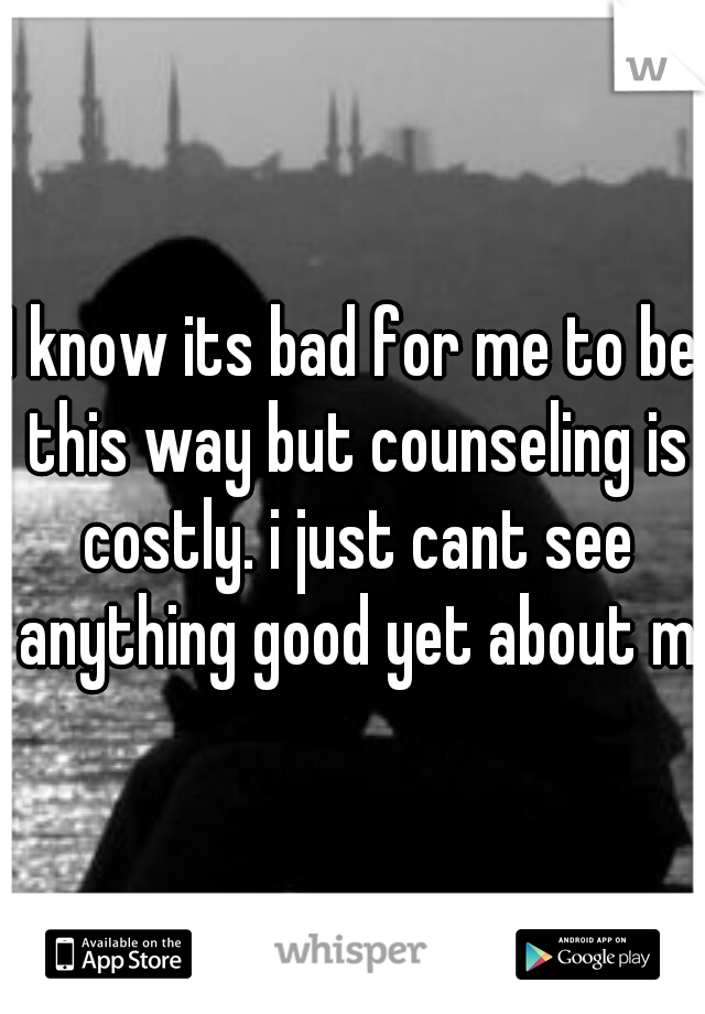 I know its bad for me to be this way but counseling is costly. i just cant see anything good yet about me