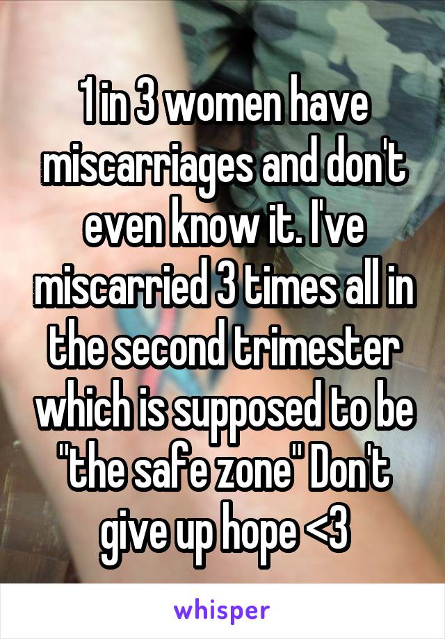 1 in 3 women have miscarriages and don't even know it. I've miscarried 3 times all in the second trimester which is supposed to be "the safe zone" Don't give up hope <3