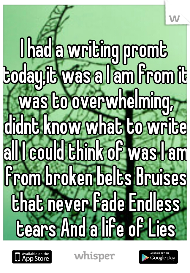 I had a writing promt today,it was a I am from it was to overwhelming, didnt know what to write all I could think of was I am from broken belts Bruises that never fade Endless tears And a life of Lies