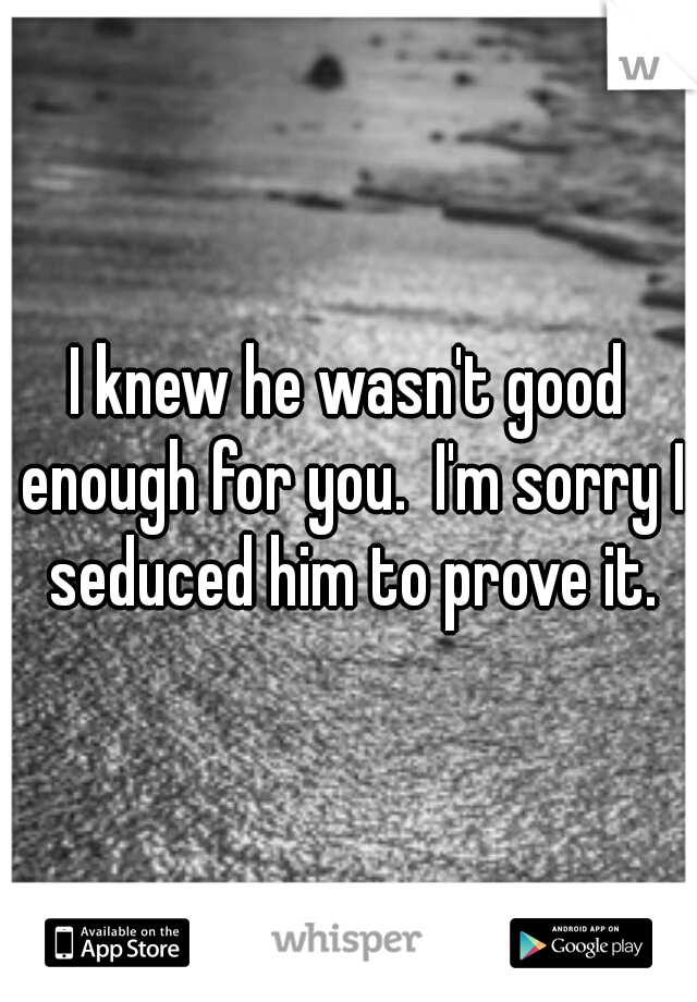 I knew he wasn't good enough for you.  I'm sorry I seduced him to prove it.
