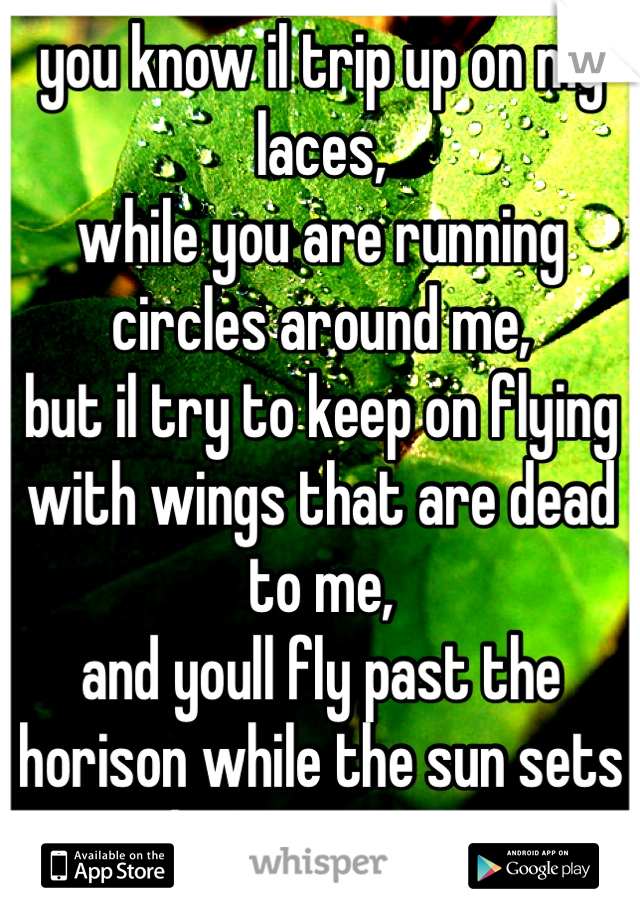 you know il trip up on my laces,
while you are running circles around me,
but il try to keep on flying with wings that are dead to me,
and youll fly past the horison while the sun sets down upon me.