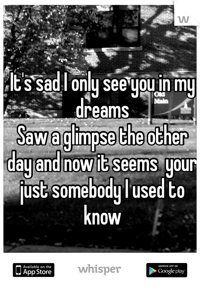 It's sad I only see you in my dreams 
Saw a glimpse the other day and now it seems  your just somebody I used to know 