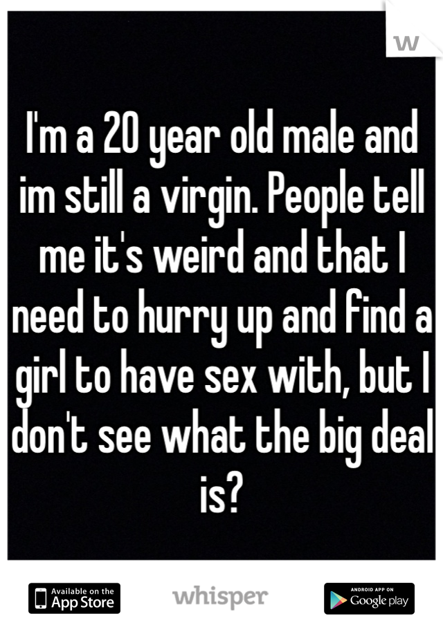 I'm a 20 year old male and im still a virgin. People tell me it's weird and that I need to hurry up and find a girl to have sex with, but I don't see what the big deal is? 