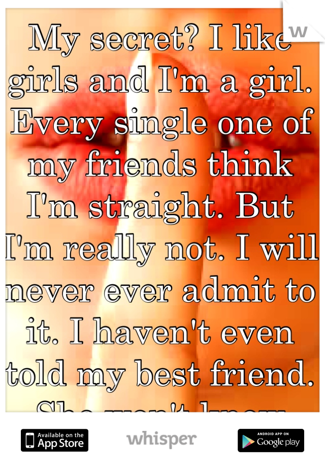 My secret? I like girls and I'm a girl. Every single one of my friends think I'm straight. But I'm really not. I will never ever admit to it. I haven't even told my best friend. She won't know either..
