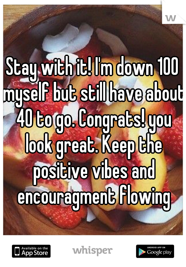 Stay with it! I'm down 100 myself but still have about 40 to go. Congrats! you look great. Keep the positive vibes and encouragment flowing