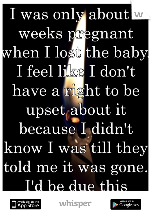 I was only about 4 weeks pregnant when I lost the baby. I feel like I don't have a right to be upset about it because I didn't know I was till they told me it was gone. 
I'd be due this February.