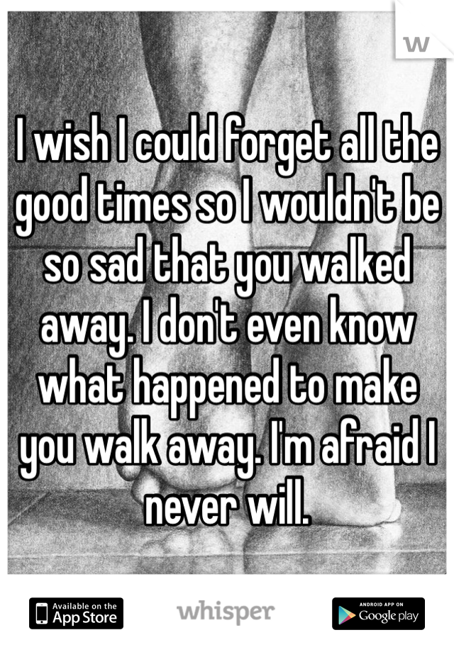 I wish I could forget all the good times so I wouldn't be so sad that you walked away. I don't even know what happened to make you walk away. I'm afraid I never will. 