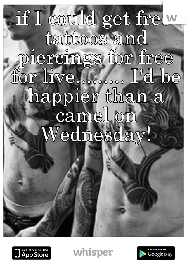 if I could get free tattoos and piercings for free for live......... I'd be happier than a camel on Wednesday!