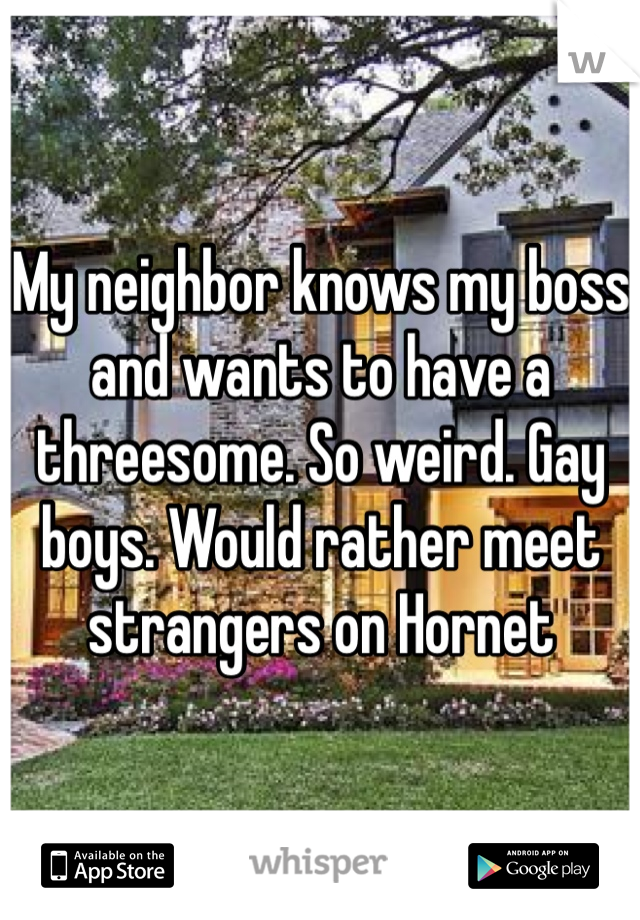 My neighbor knows my boss and wants to have a threesome. So weird. Gay boys. Would rather meet strangers on Hornet 