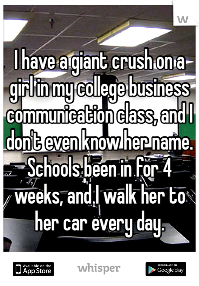 I have a giant crush on a girl in my college business communication class, and I don't even know her name. Schools been in for 4 weeks, and I walk her to her car every day. 
