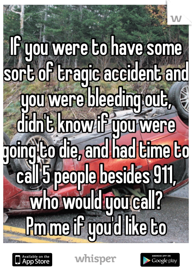 If you were to have some sort of tragic accident and you were bleeding out, didn't know if you were going to die, and had time to call 5 people besides 911, who would you call? 
Pm me if you'd like to 