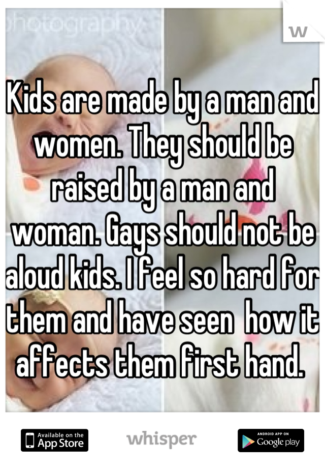 Kids are made by a man and women. They should be raised by a man and woman. Gays should not be aloud kids. I feel so hard for them and have seen  how it affects them first hand. 