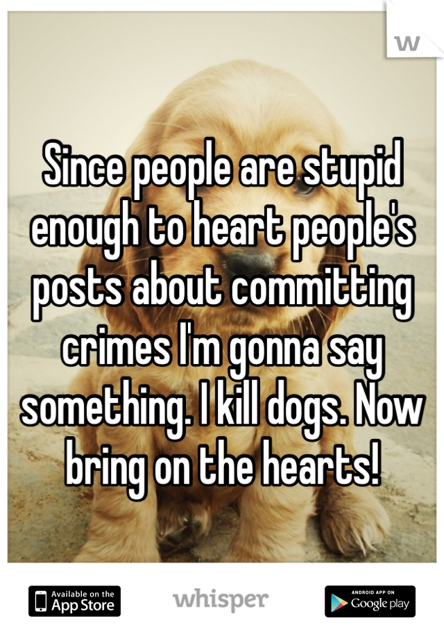 Since people are stupid enough to heart people's posts about committing crimes I'm gonna say something. I kill dogs. Now bring on the hearts! 