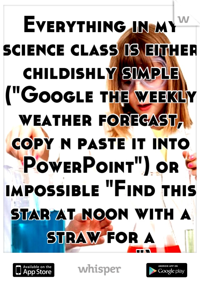 Everything in my  science class is either childishly simple ("Google the weekly weather forecast, copy n paste it into PowerPoint") or impossible "Find this star at noon with a straw for a telescope")