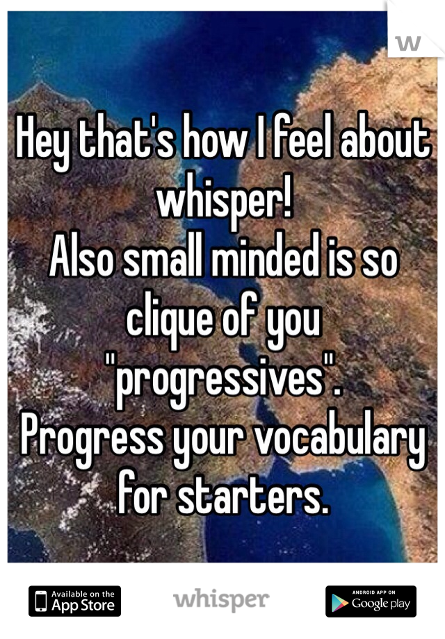 Hey that's how I feel about whisper!
Also small minded is so clique of you "progressives".
Progress your vocabulary for starters.