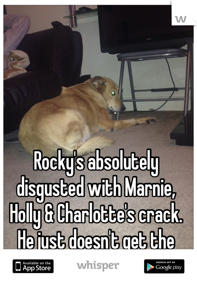 Rocky's absolutely disgusted with Marnie,  Holly & Charlotte's crack. 
He just doesn't get the drama