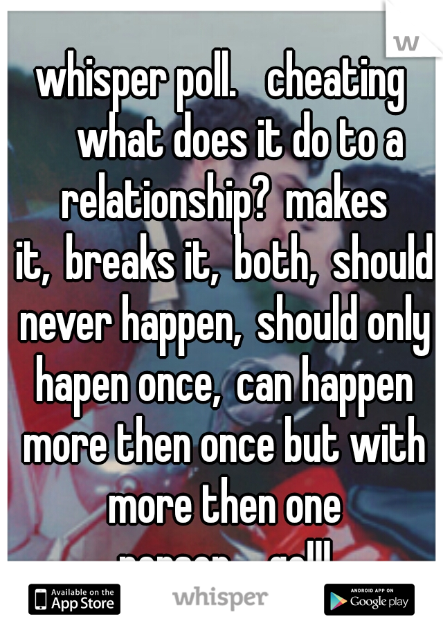whisper poll.

cheating 

what does it do to a relationship?
makes it,
breaks it,
both,
should never happen,
should only hapen once,
can happen more then once but with more then one person,

go!!!